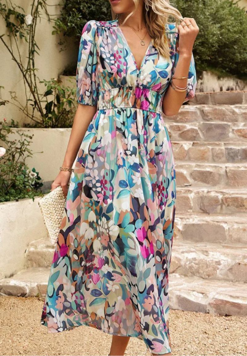 Women's Floral Print Maxi Dress V Neck Puff