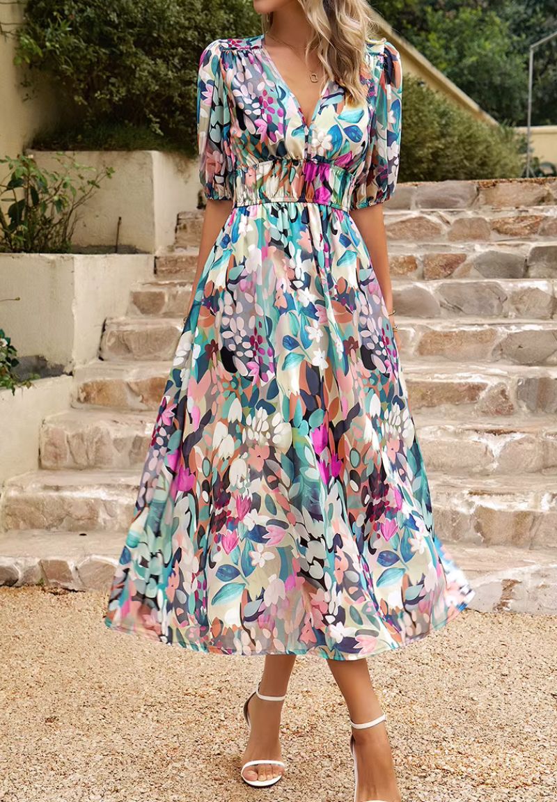 Women's Floral Print Maxi Dress V Neck Puff