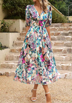 Women's Floral Print Maxi Dress V Neck Puff