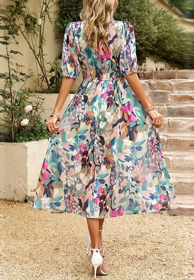 Women's Floral Print Maxi Dress V Neck Puff