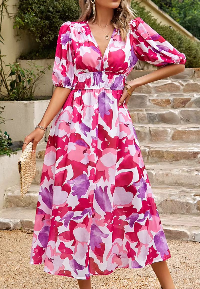 Women's Floral Print Maxi Dress V Neck Puff