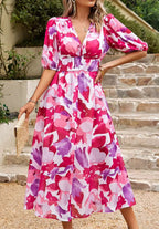 Women's Floral Print Maxi Dress V Neck Puff