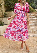 Women's Floral Print Maxi Dress V Neck Puff