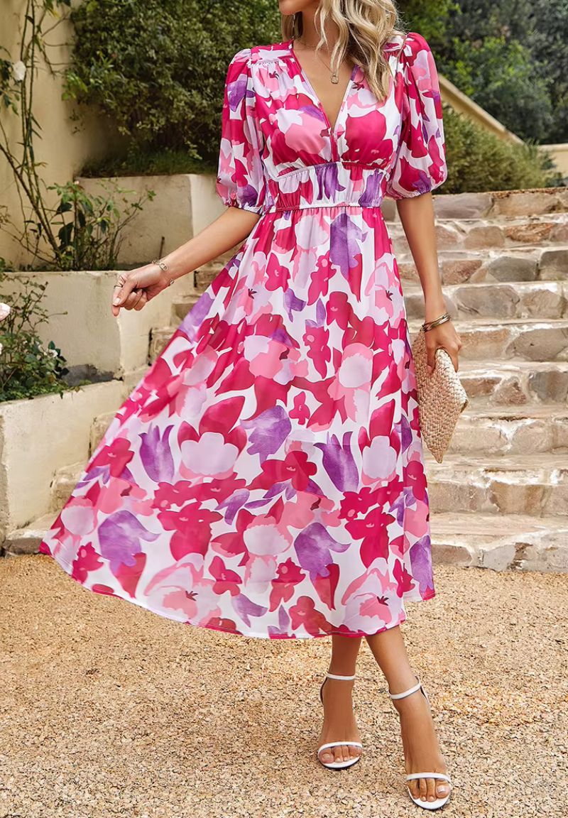 Women's Floral Print Maxi Dress V Neck Puff