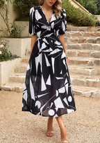 Women's Floral Print Maxi Dress V Neck Puff