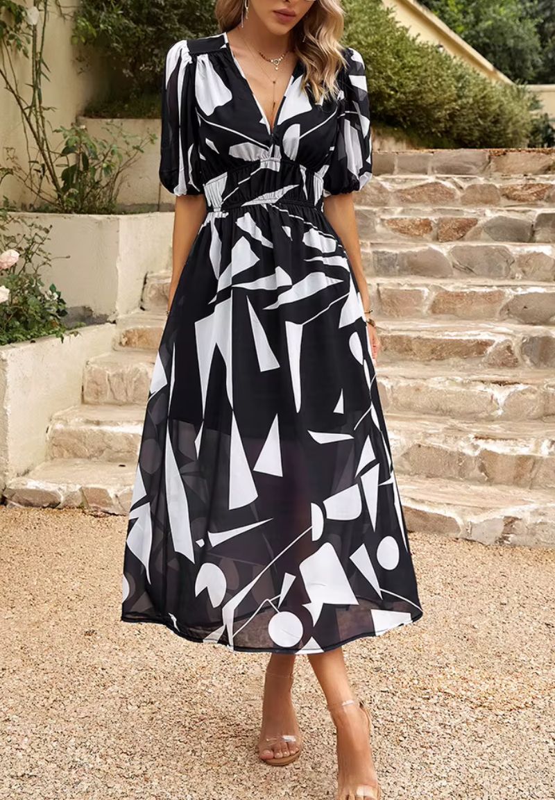 Women's Floral Print Maxi Dress V Neck Puff