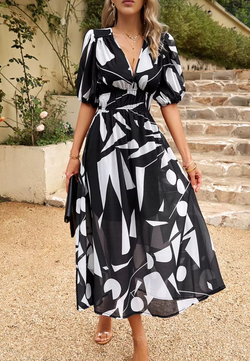Women's Floral Print Maxi Dress V Neck Puff