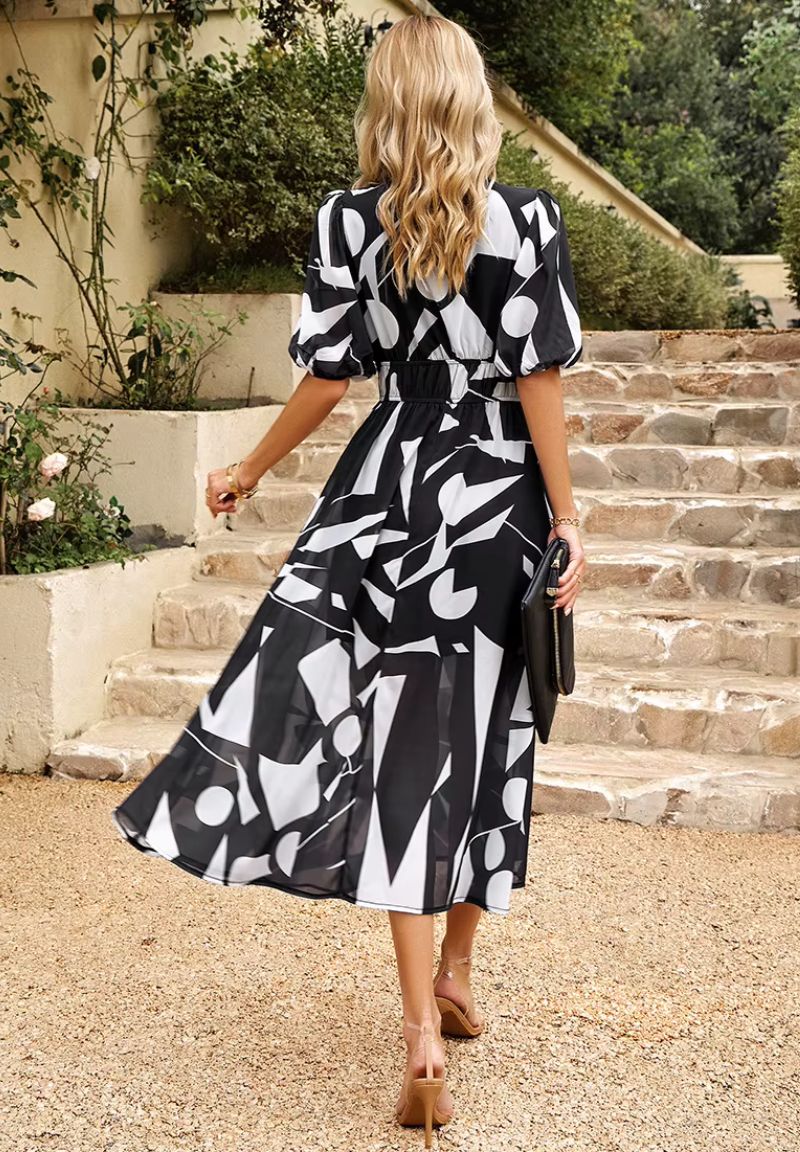 Women's Floral Print Maxi Dress V Neck Puff