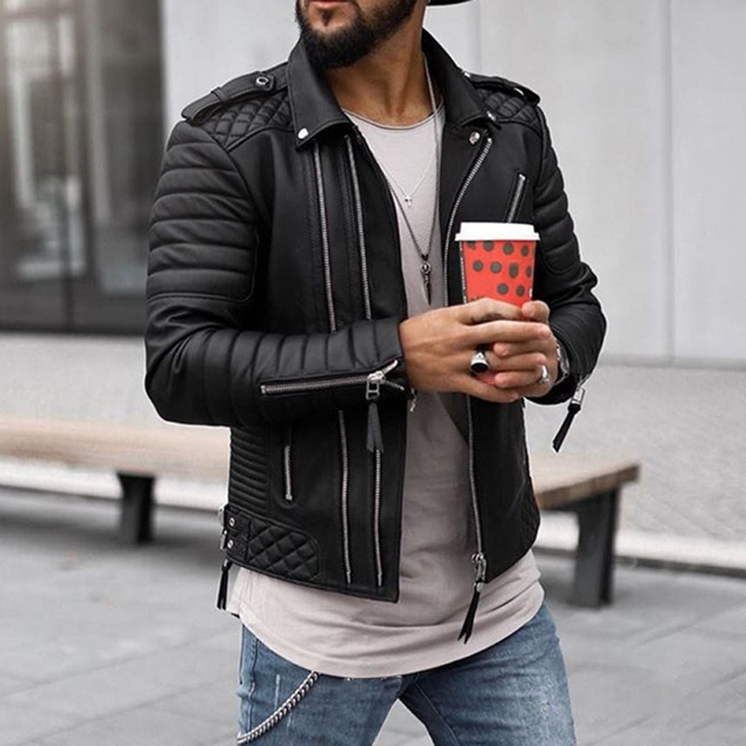 Men's Quilted Leather Biker Jacket Padded Zip Up Style