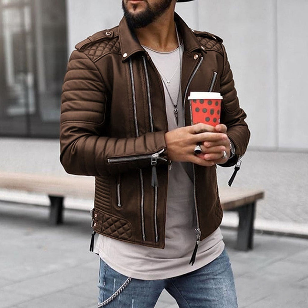 Men's Quilted Leather Biker Jacket Padded Zip Up Style