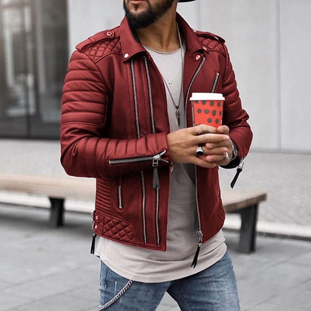 Men's Quilted Leather Biker Jacket Padded Zip Up Style