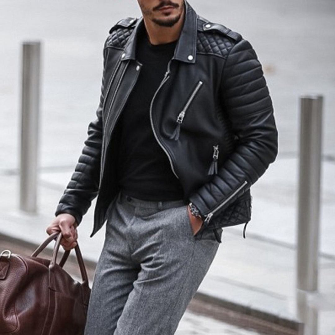 Men's Quilted Leather Biker Jacket Padded Zip Up Style