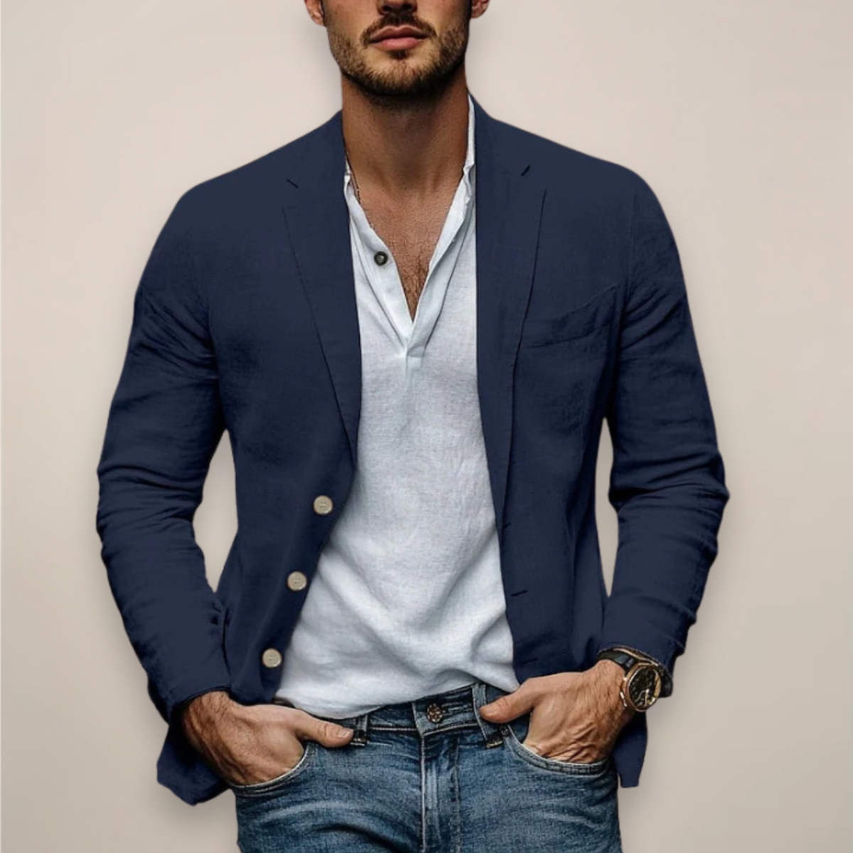 Men's Slim Fit Button-Front Blazer with Narrow Lapels – Navy Blue