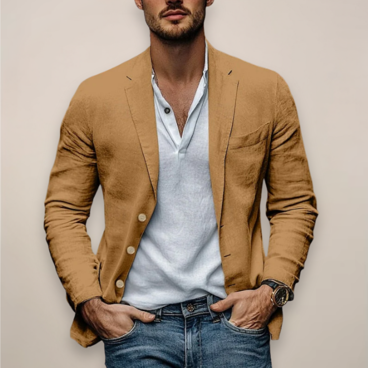 Men's Slim Fit Button-Front Blazer with Narrow Lapels – Khaki