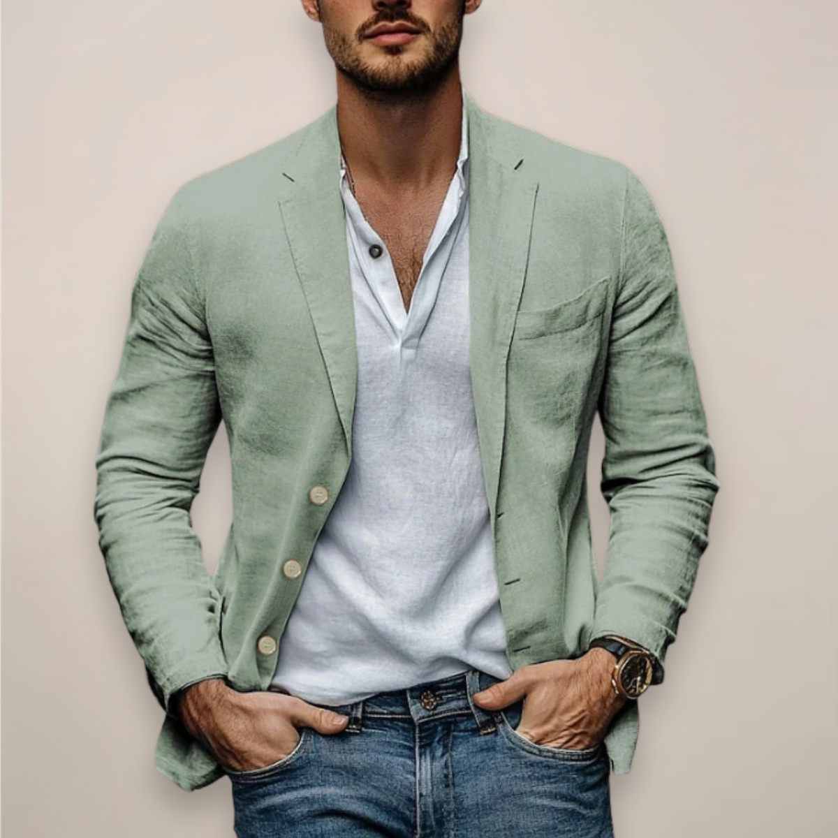 Men's Slim Fit Button-Front Blazer with Narrow Lapels – Sage Green