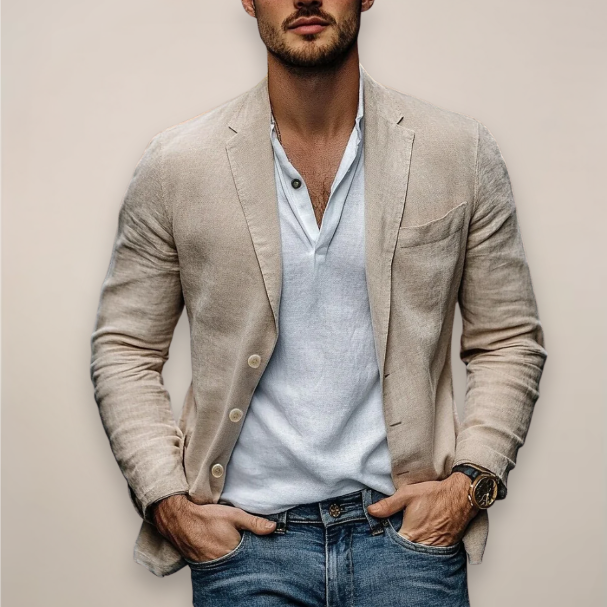 Men's Slim Fit Button-Front Blazer with Narrow Lapels – Beige