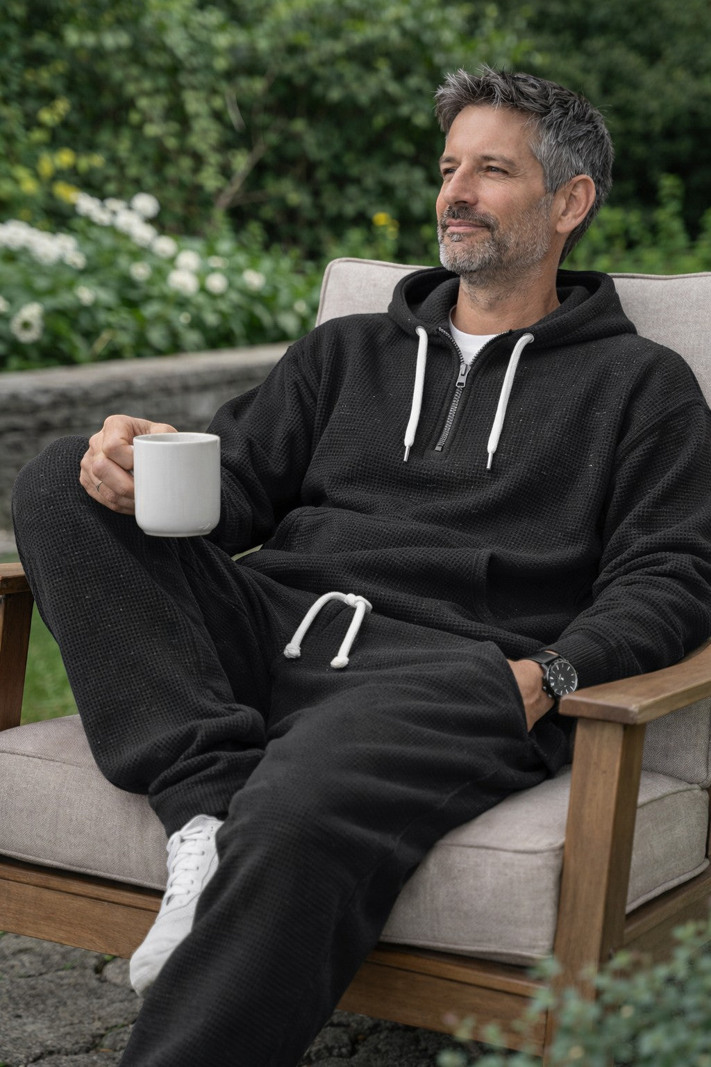 Men's Waffle Knit Tracksuit Relaxed Half Zip Hoodie