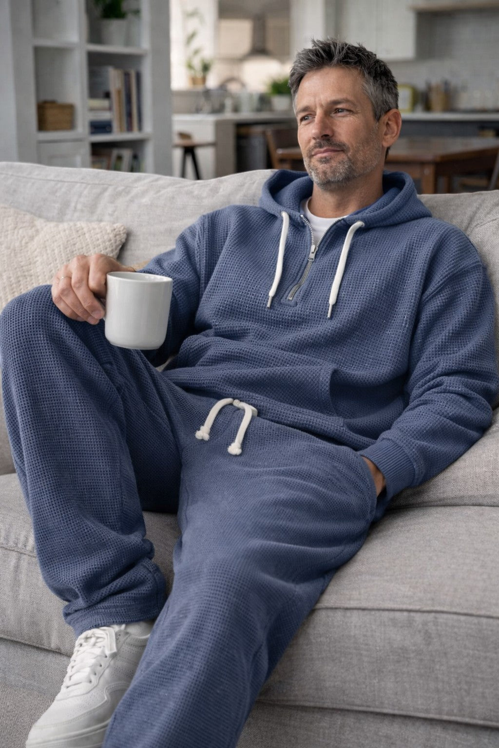 Men's Waffle Knit Tracksuit Relaxed Half Zip Hoodie