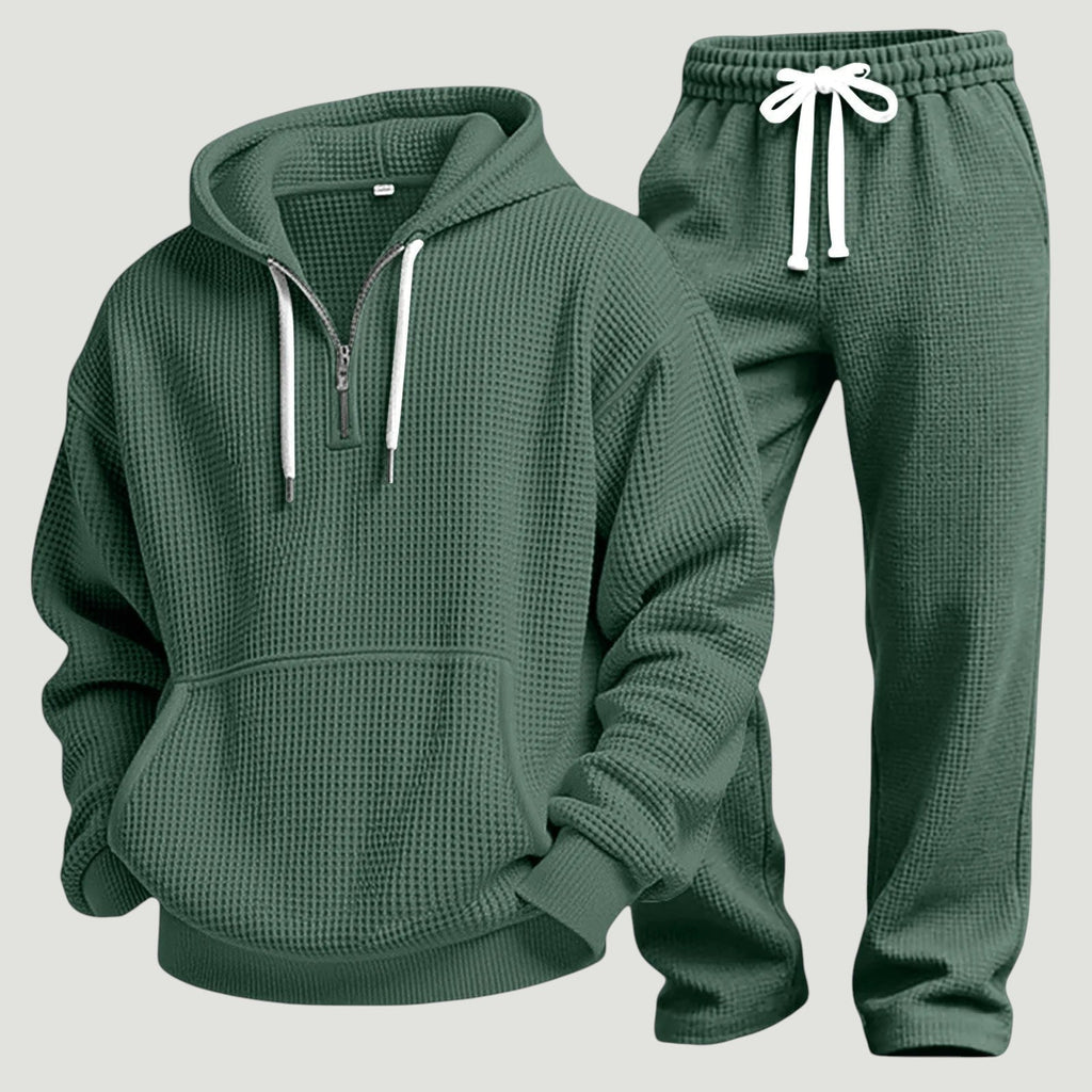 Men's Waffle Knit Tracksuit Relaxed Half Zip Hoodie