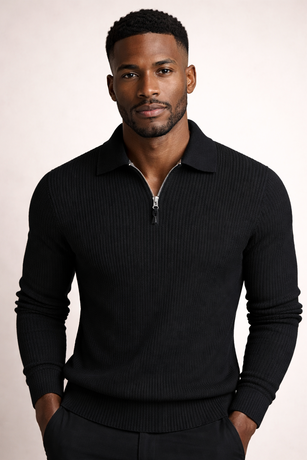 Men's Ribbed Knit Quarter Zip Sweater Collared Pullover