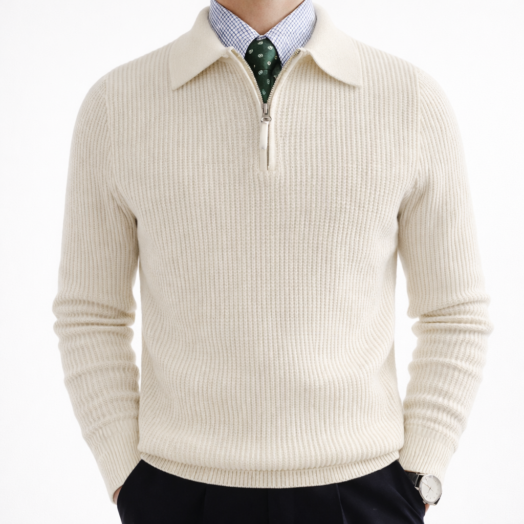 Men's Ribbed Knit Quarter Zip Sweater Collared Pullover