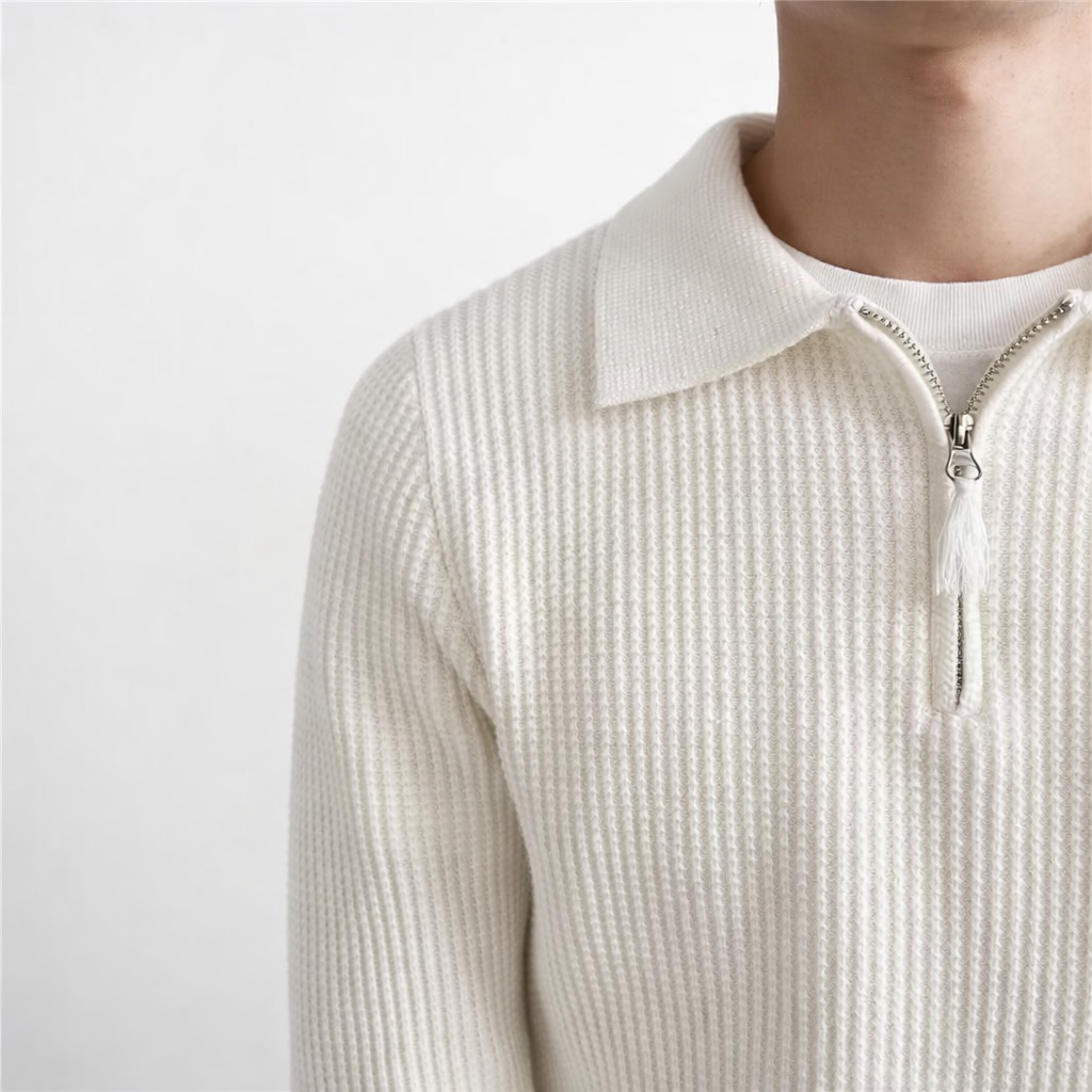 Men's Ribbed Knit Quarter Zip Sweater Collared Pullover