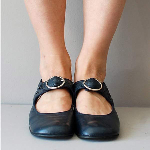 Women's Buckle Strap Leather Mary Janes with Modest Heel