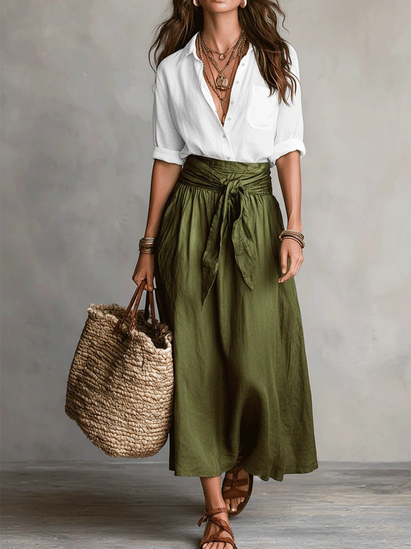 Women's Breathable Two-Piece Shirt and Flowing Skirt Outfit - White