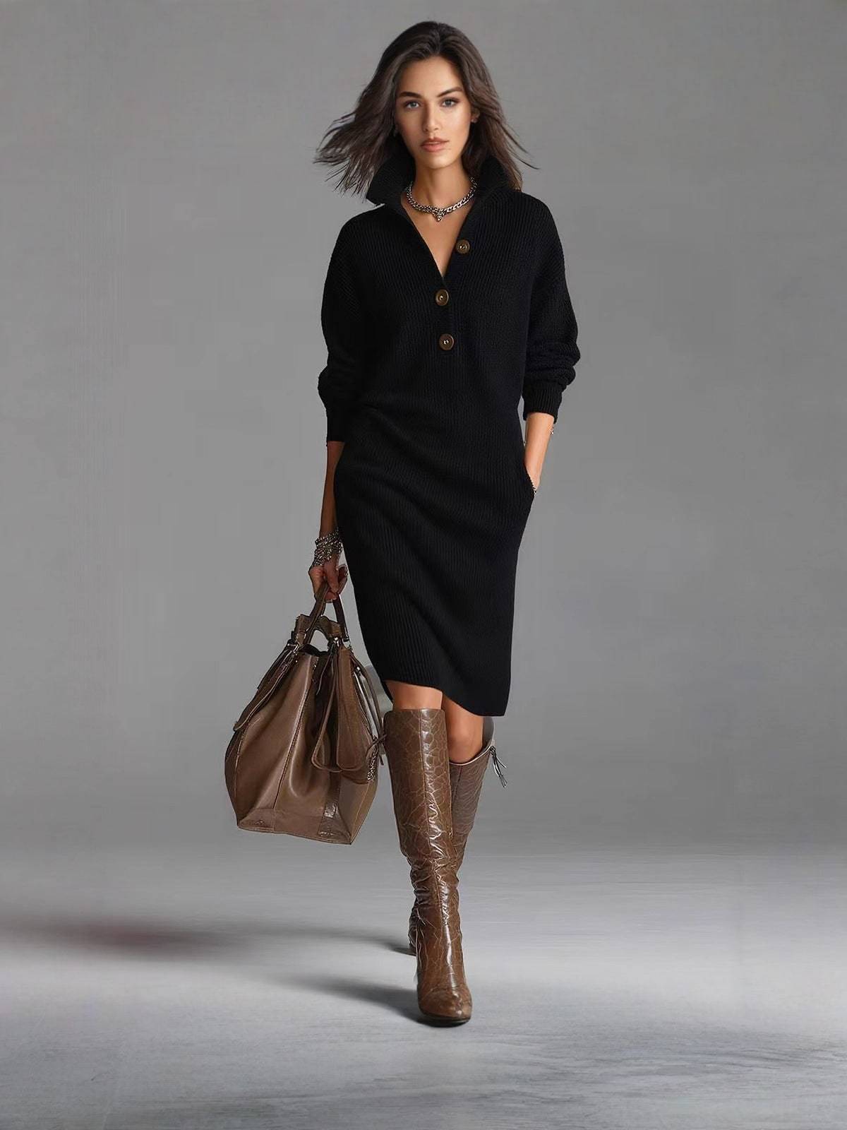 Women's Relaxed Rib Knit Dress with Buttoned Collar