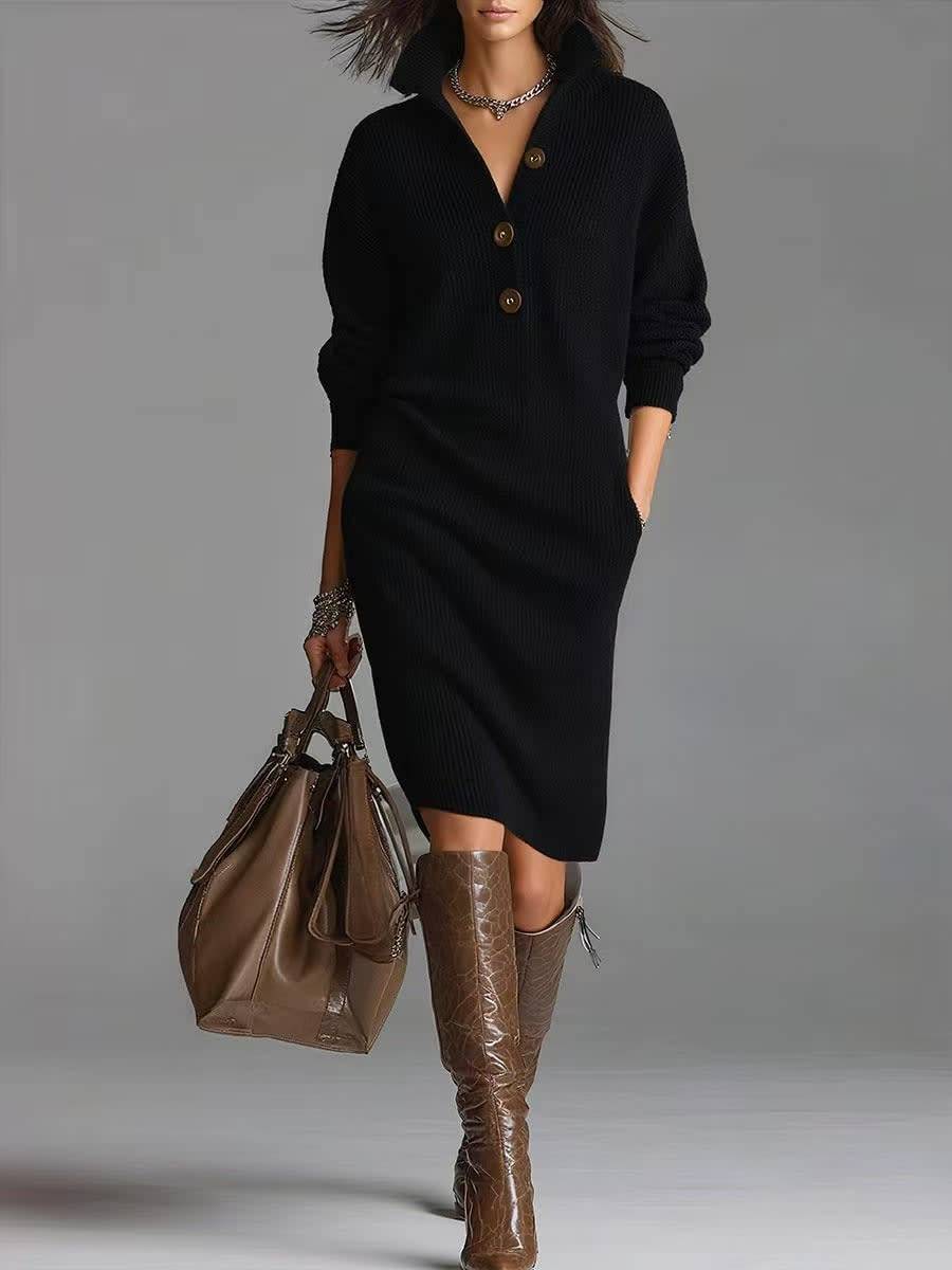 Women's Relaxed Rib Knit Dress with Buttoned Collar - Black