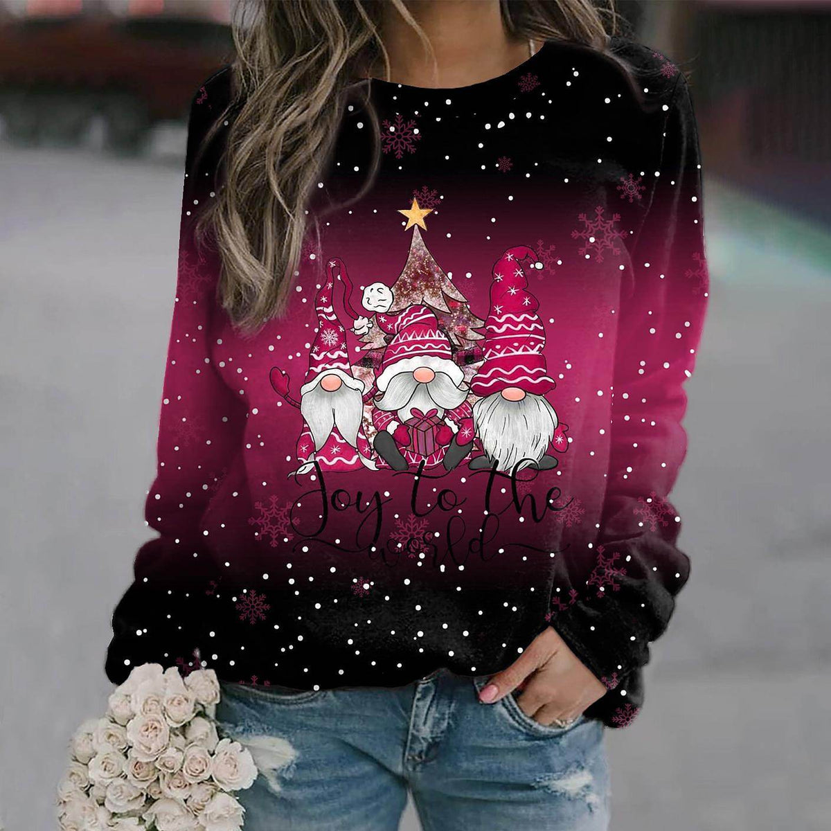 Women's Cheerful Gnome Long Sleeve Holiday Sweatshirt - Hot Pink
