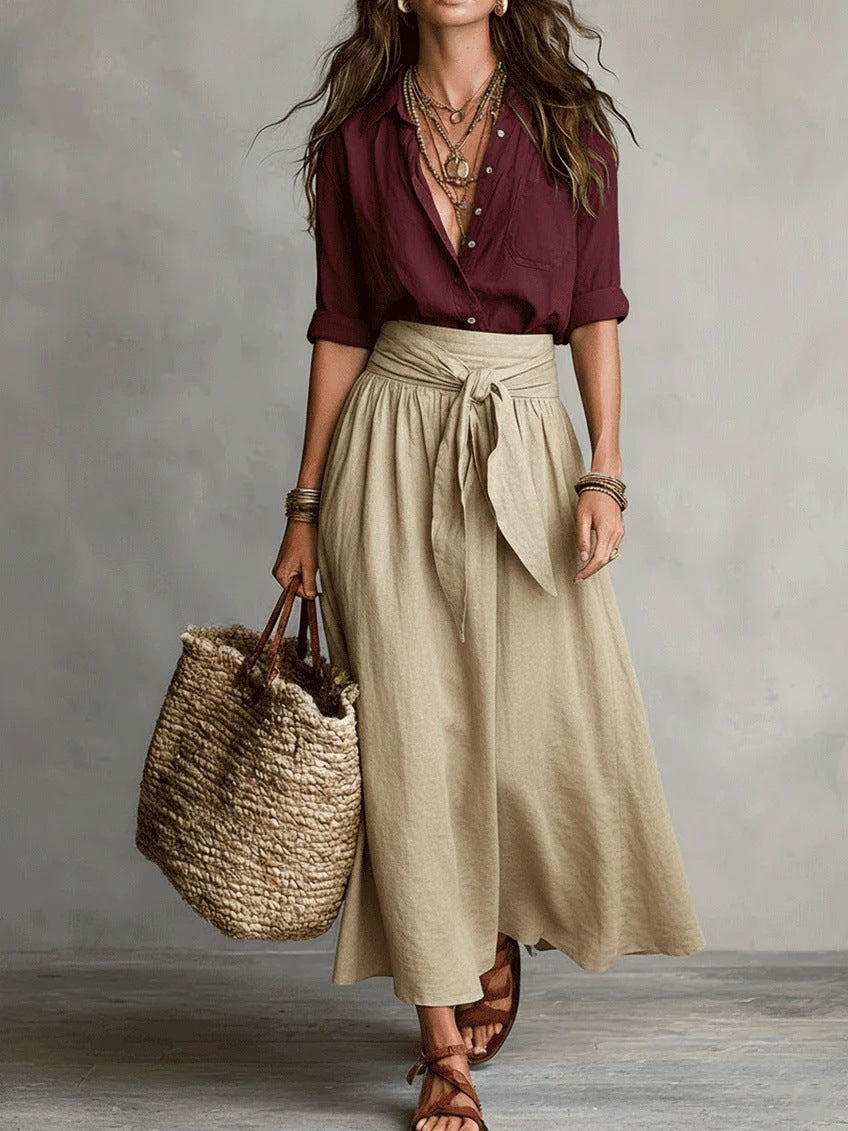 Women's Breathable Two-Piece Shirt and Flowing Skirt Outfit - Red