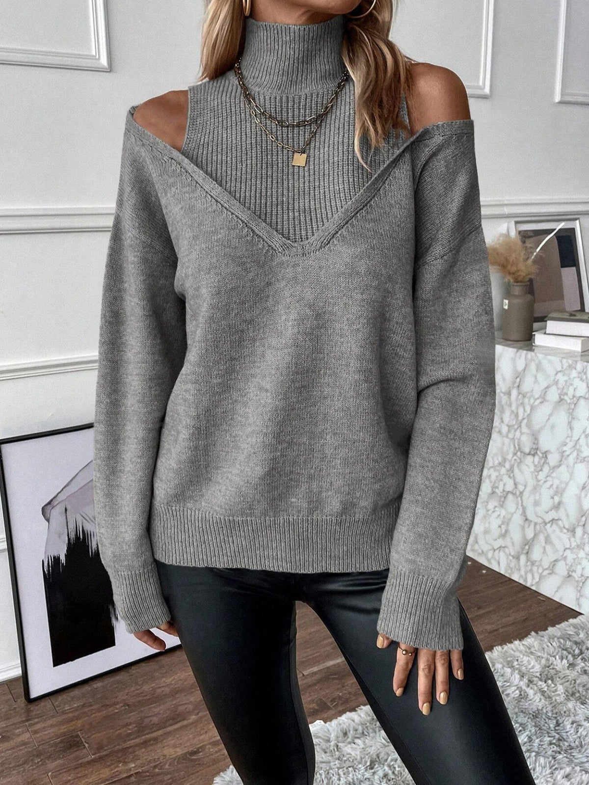 Women's Cold-Shoulder Turtleneck Sweater – Layered Knit