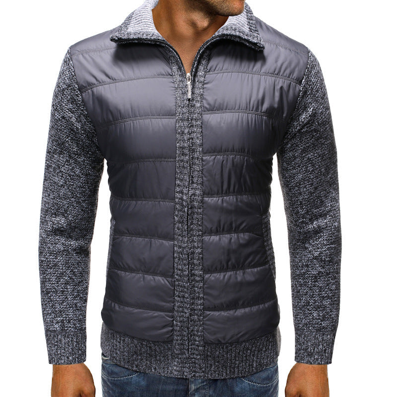 Men's Hybrid Zip Jacket with Knitted Sleeves and Padded Body - Gray