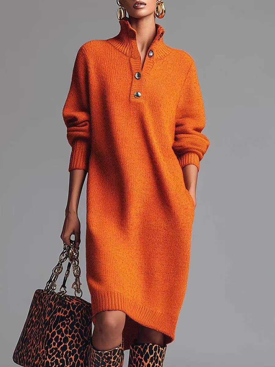 Women's Relaxed Rib Knit Dress with Buttoned Collar - Orange