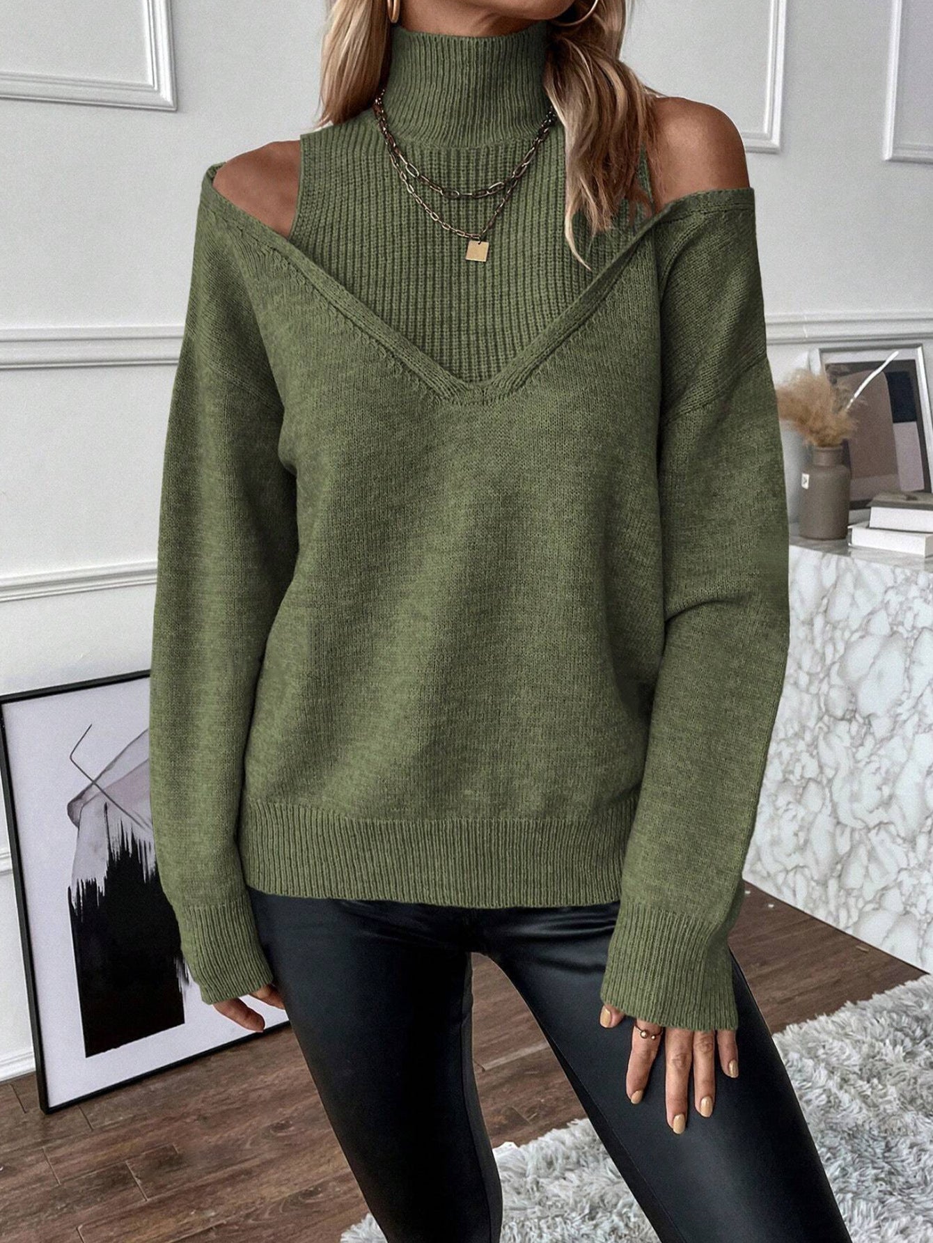 Women's Cold-Shoulder Turtleneck Sweater – Layered Knit