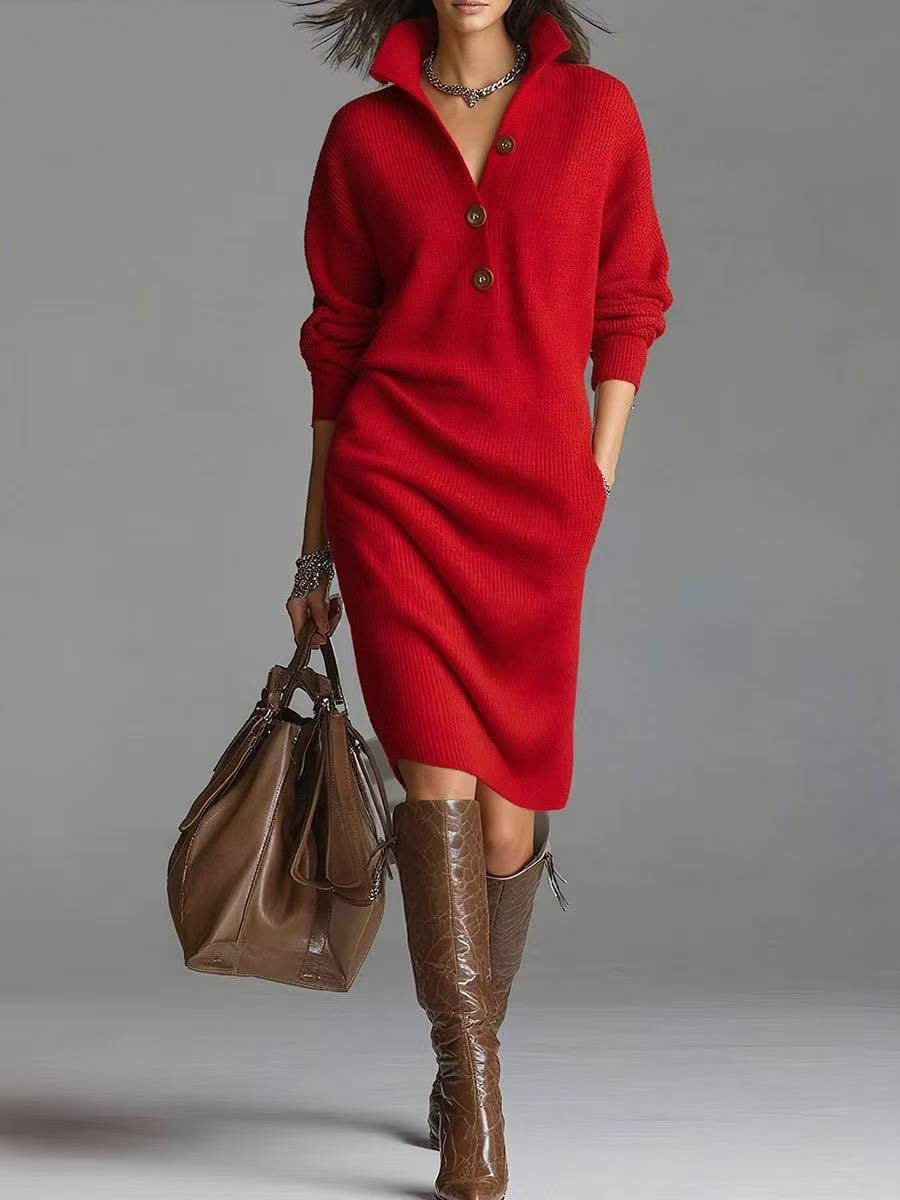 Women's Relaxed Rib Knit Dress with Buttoned Collar - Red