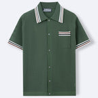 Men's Textured Knit Polo Shirt Striped Trim Button Front