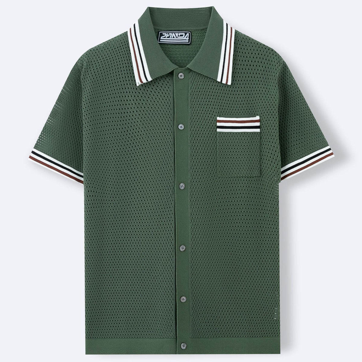 Men's Textured Knit Polo Shirt Striped Trim Button Front