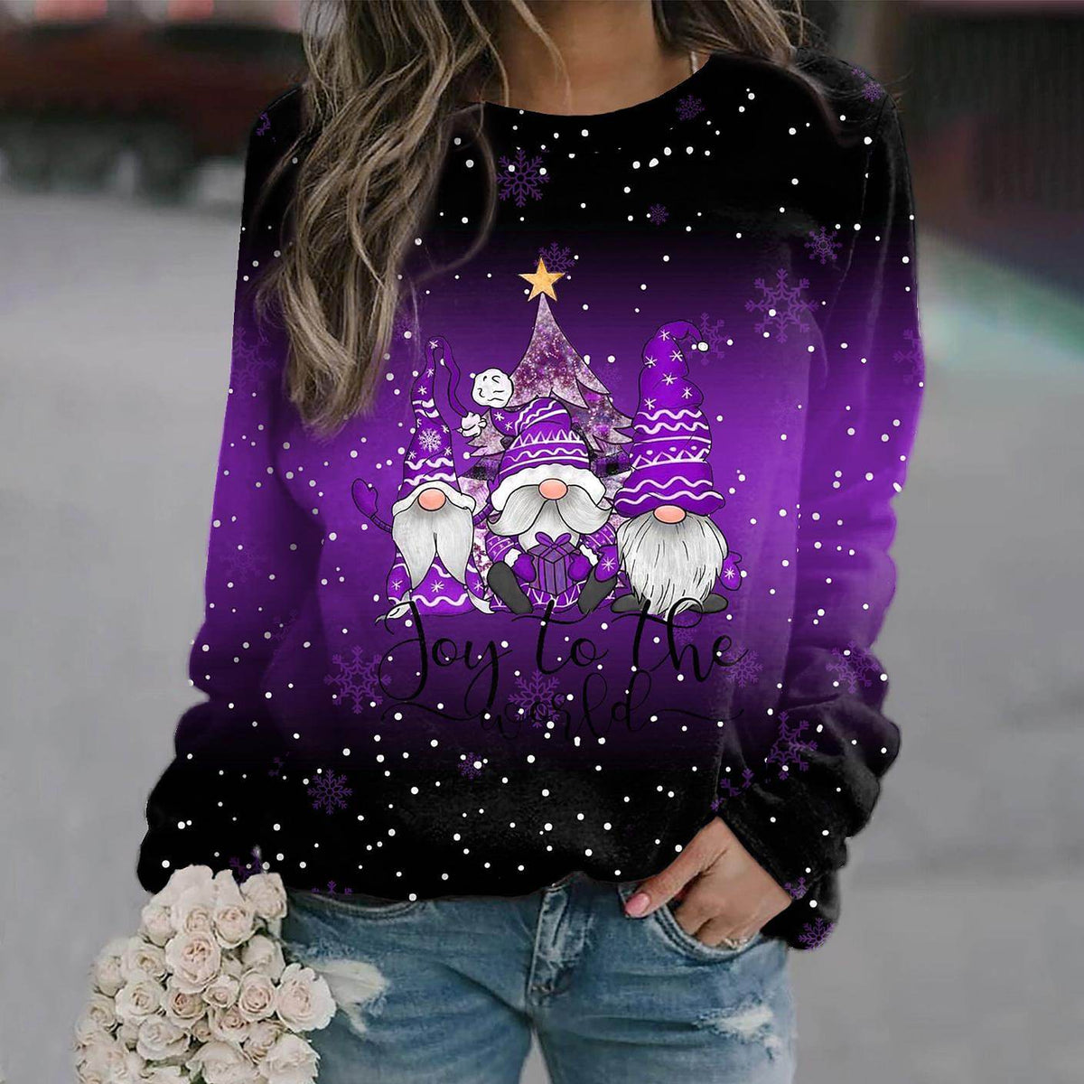 Women's Cheerful Gnome Long Sleeve Holiday Sweatshirt - Purple