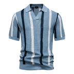 Men's Knit Polo Shirt Vertical Stripe Open Collar Top