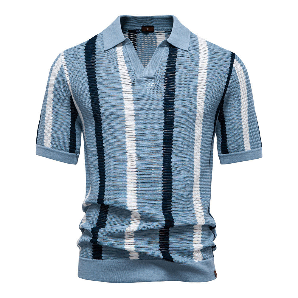 Men's Knit Polo Shirt Vertical Stripe Open Collar Top