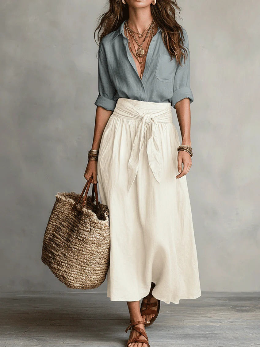 Women's Breathable Two-Piece Shirt and Flowing Skirt Outfit - Light Blue