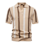 Men's Knit Polo Shirt Vertical Stripe Open Collar Top