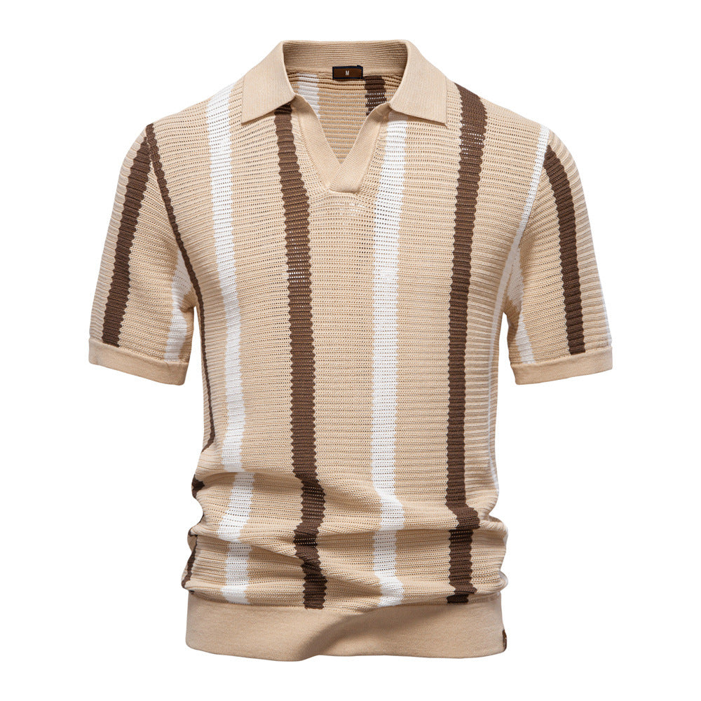 Men's Knit Polo Shirt Vertical Stripe Open Collar Top