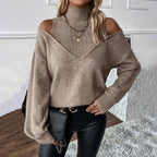 Women's Cold-Shoulder Turtleneck Sweater – Layered Knit