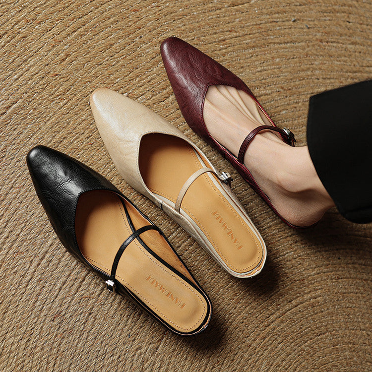 Women's Pointed Toe Strap Detail Slip-On Mule Flats