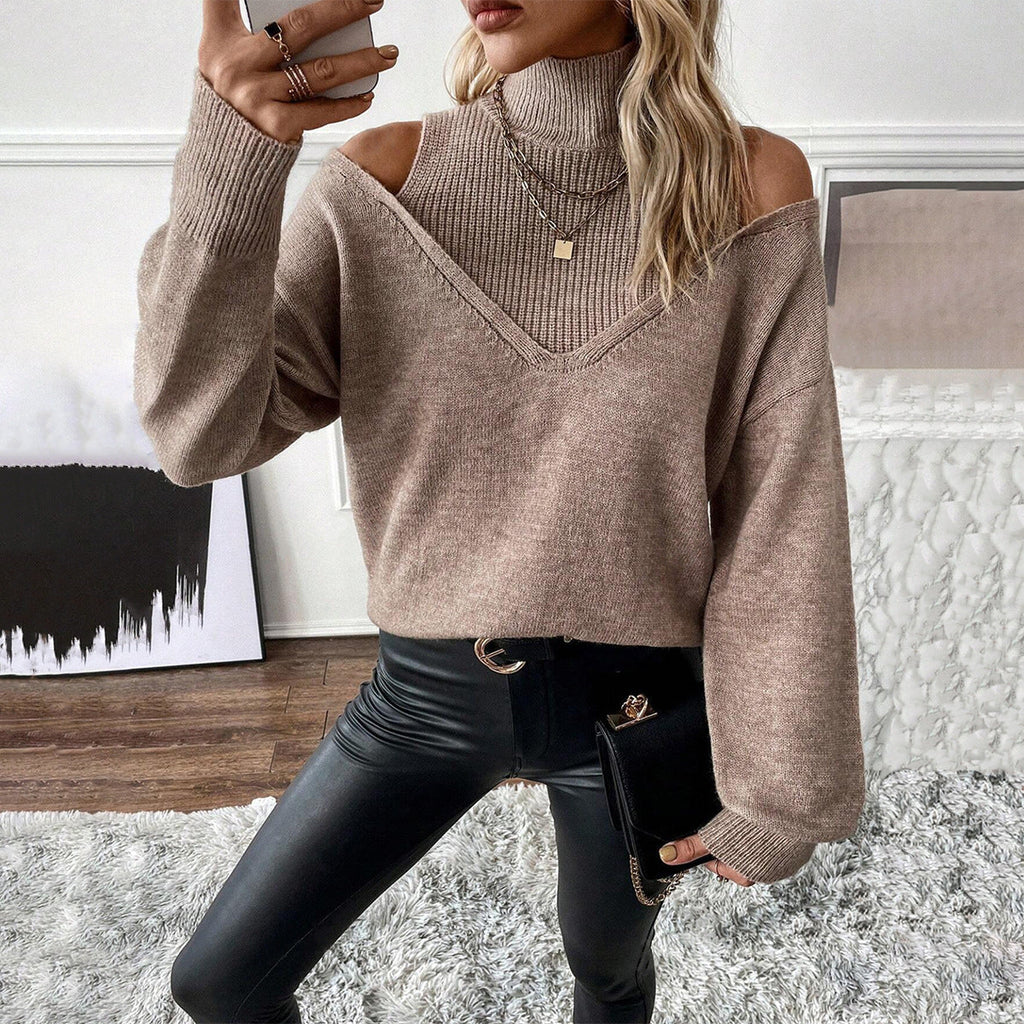 Women's Cold-Shoulder Turtleneck Sweater – Layered Knit