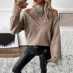 Women's Cold-Shoulder Turtleneck Sweater – Layered Knit