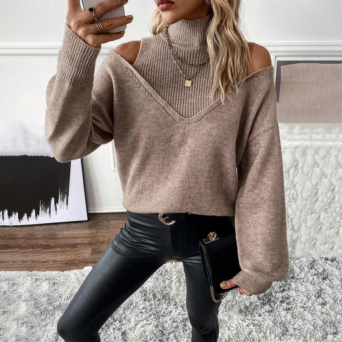 Women's Cold-Shoulder Turtleneck Sweater – Layered Knit